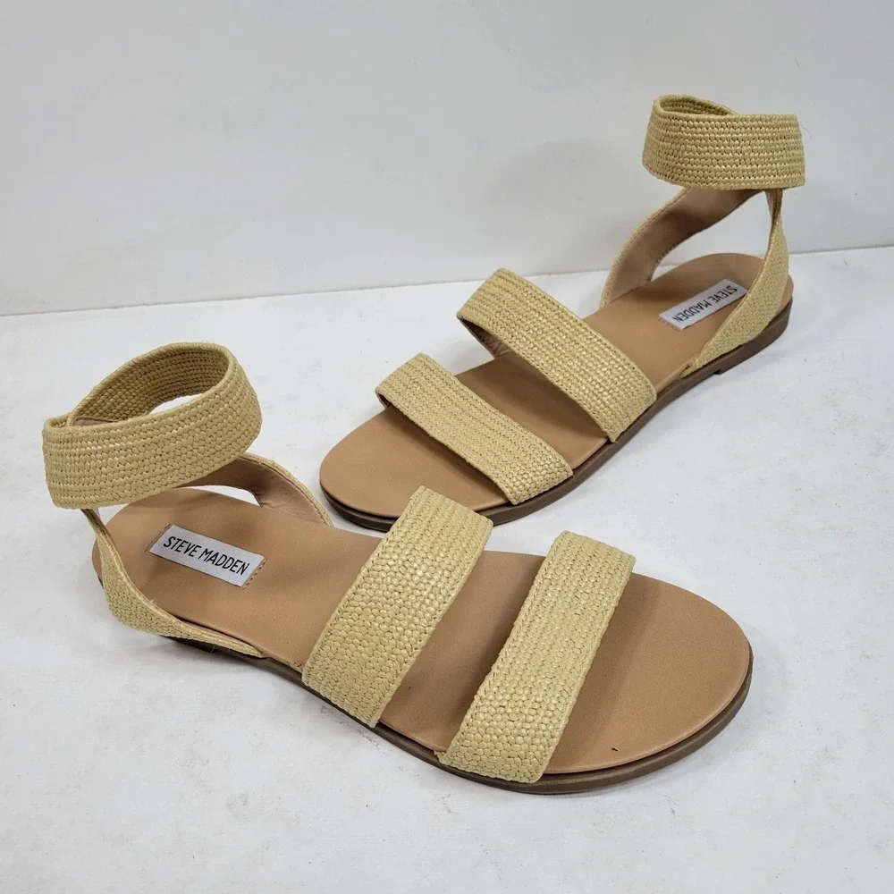 Steve Madden Women's Raffia Ankle Strap Sandals Beige Size 10M